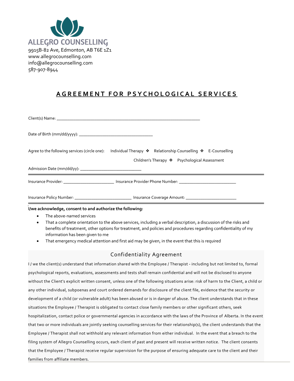 Agreement for Psychological Services