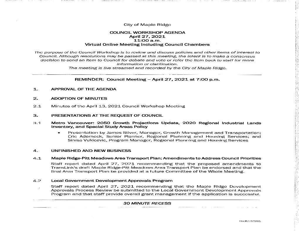 April 27, 2021 Council Workshop Agenda and Reports