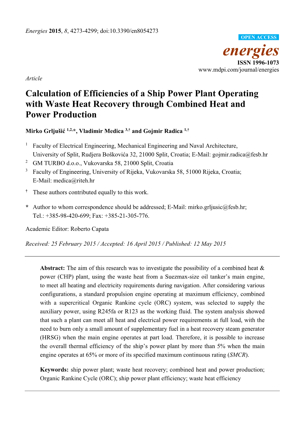 Calculation of Efficiencies of a Ship Power Plant Operating with Waste Heat Recovery Through Combined Heat and Power Production