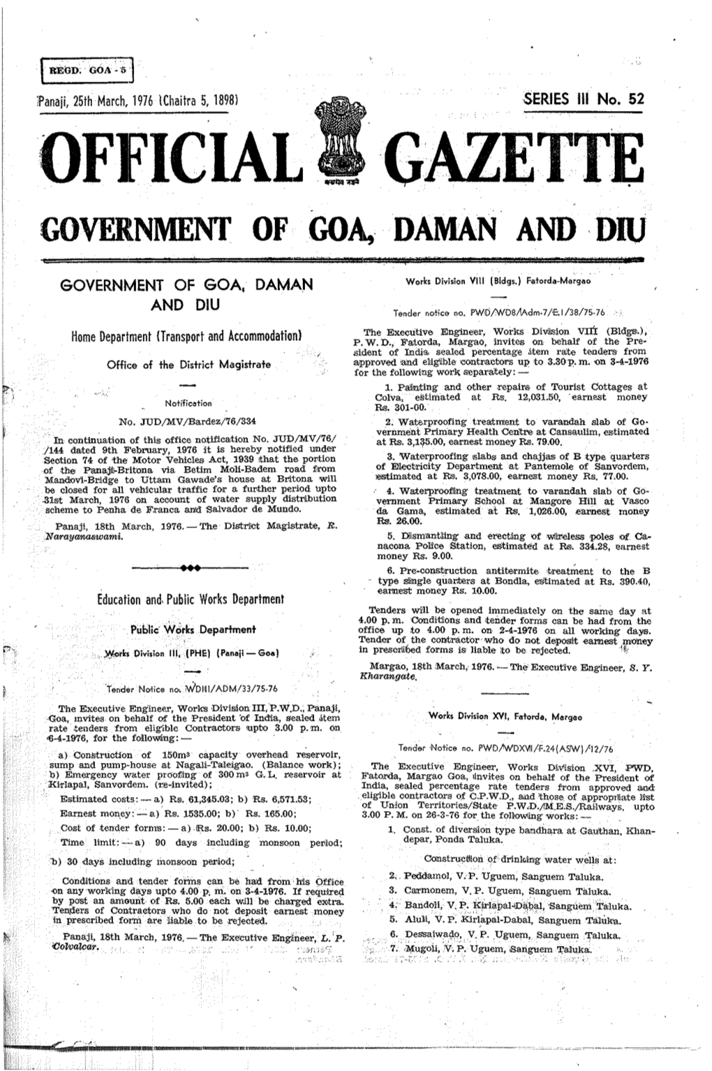 Official Gazette Government of Goa, Daman And, Diu