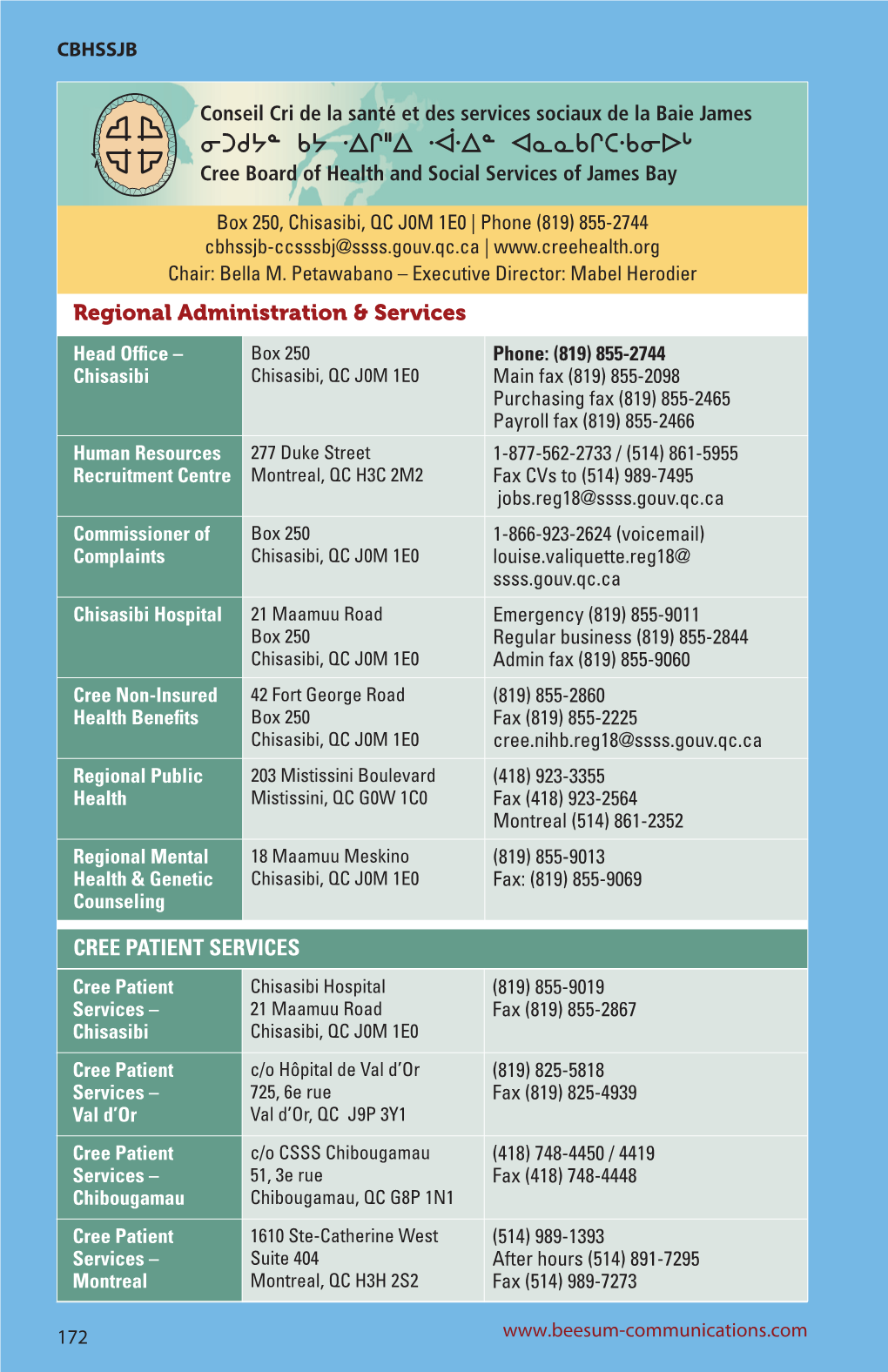 Cree Patient Services Regional Administration & Services