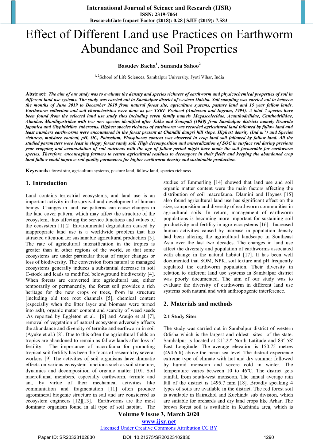 Effect of Different Land Use Practices on Earthworm Abundance and Soil Properties