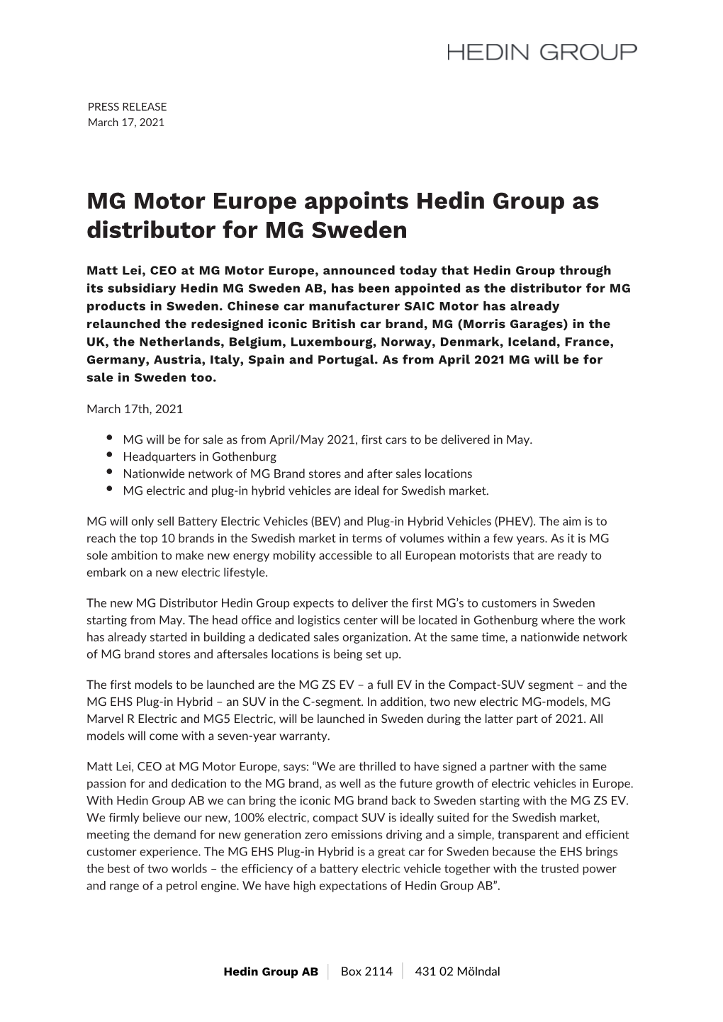 MG Motor Europe Appoints Hedin Group As Distributor for MG Sweden