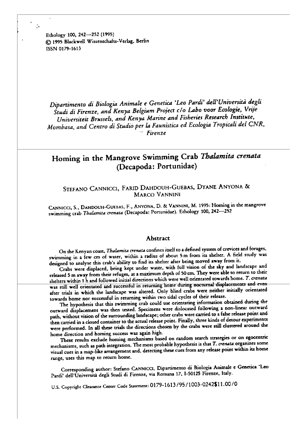 Homing in the Mangrove Swimming Crab Thalamita Crenata (Decapoda: Portunidae)