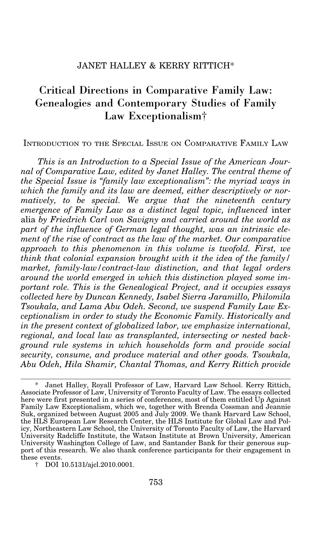 Genealogies and Contemporary Studies of Family Law Exceptionalism†