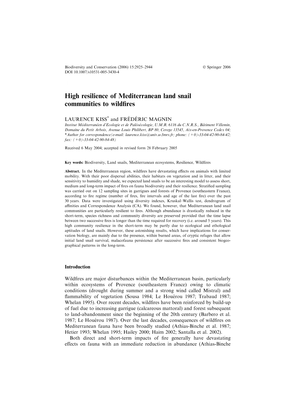High Resilience of Mediterranean Land Snail Communities to Wildfires