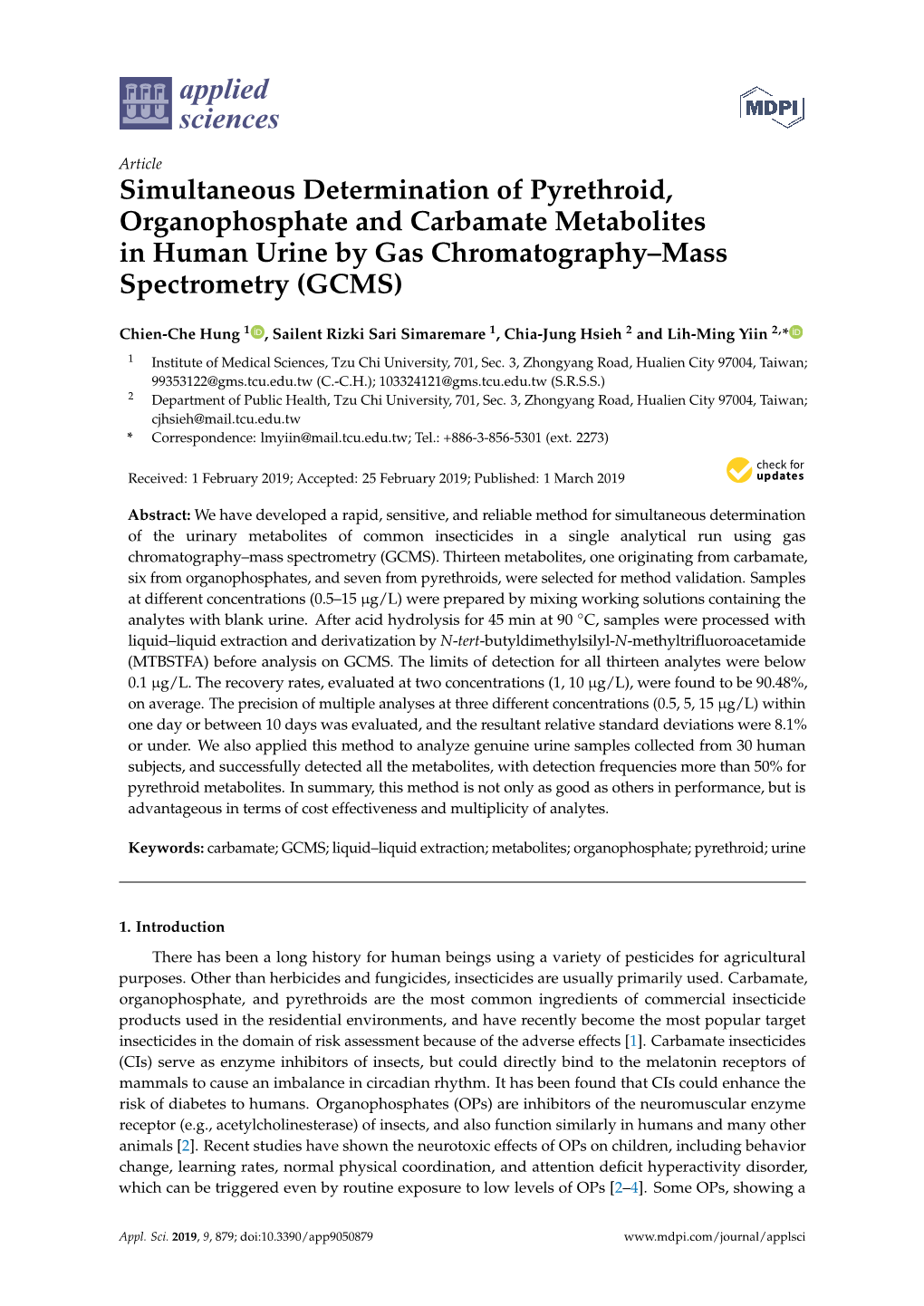 Simultaneous Determination of Pyrethroid, Organophosphate and Carbamate Metabolites in Human Urine by Gas Chromatography–Mass Spectrometry (GCMS)