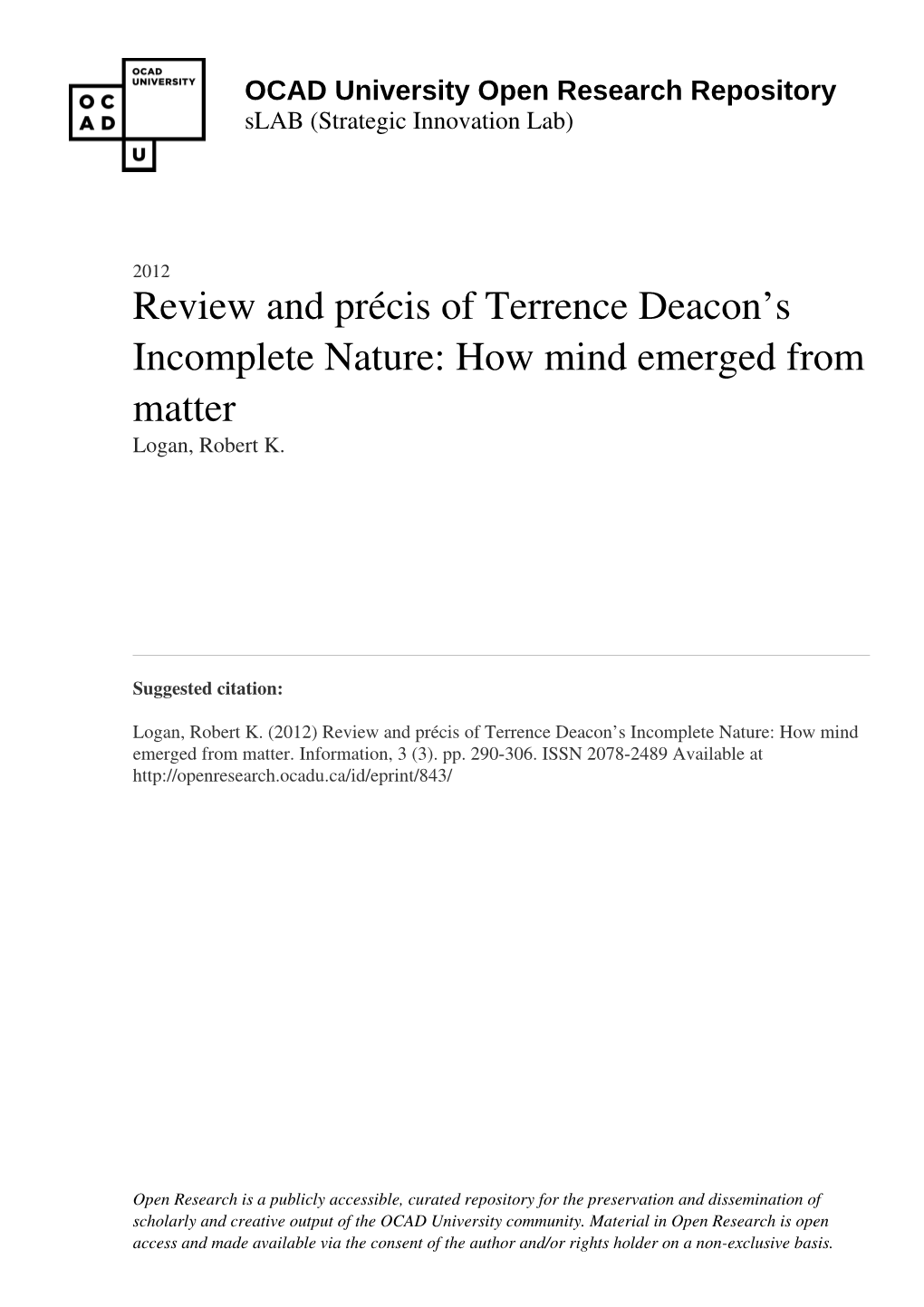 Review and Précis of Terrence Deacon's Incomplete Nature: How