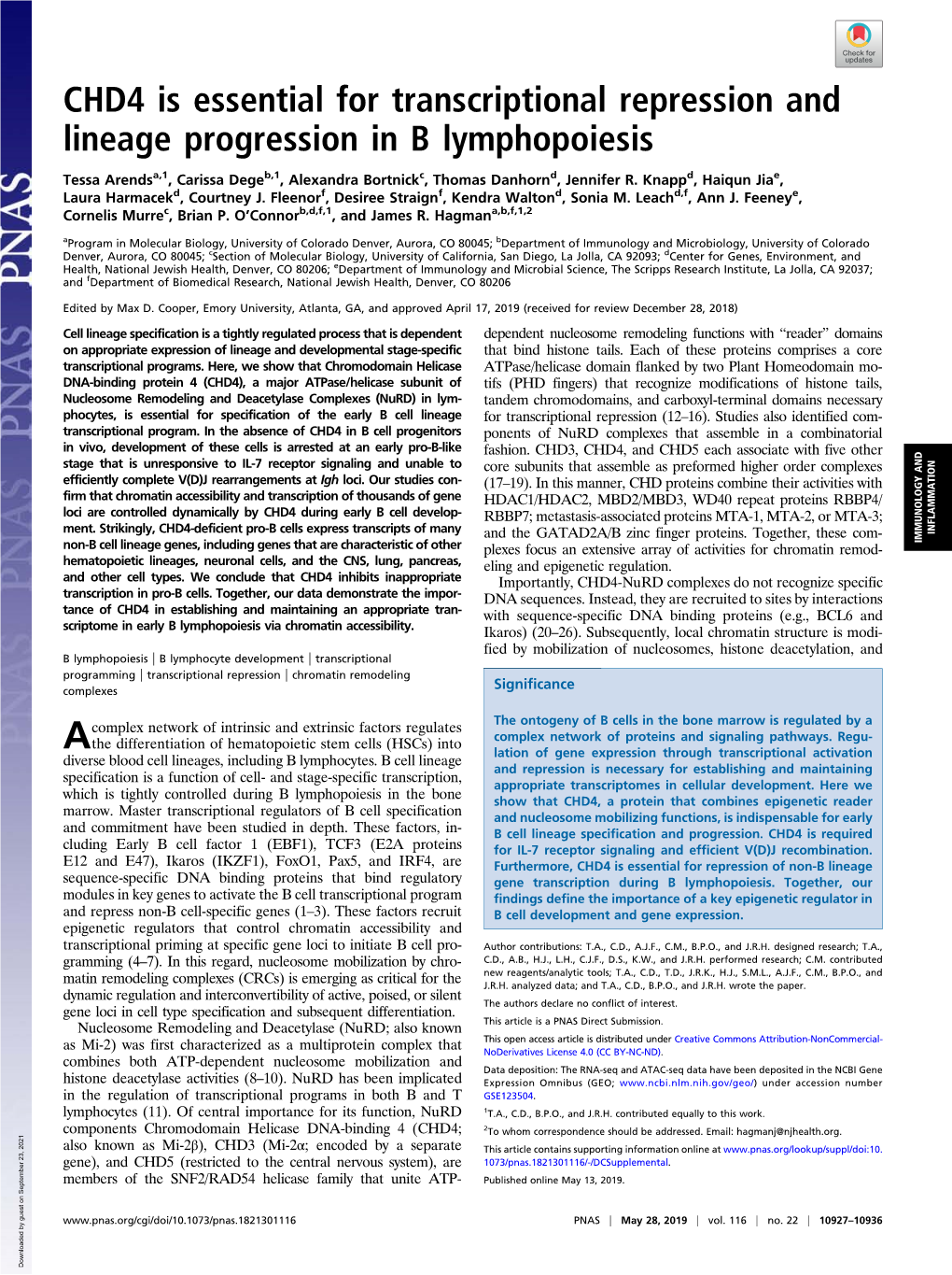 CHD4 Is Essential for Transcriptional Repression and Lineage Progression in B Lymphopoiesis