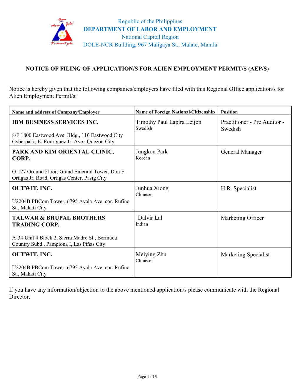 Republic of the Philippines DEPARTMENT of LABOR and EMPLOYMENT National Capital Region DOLE-NCR Building, 967 Maligaya St., Malate, Manila
