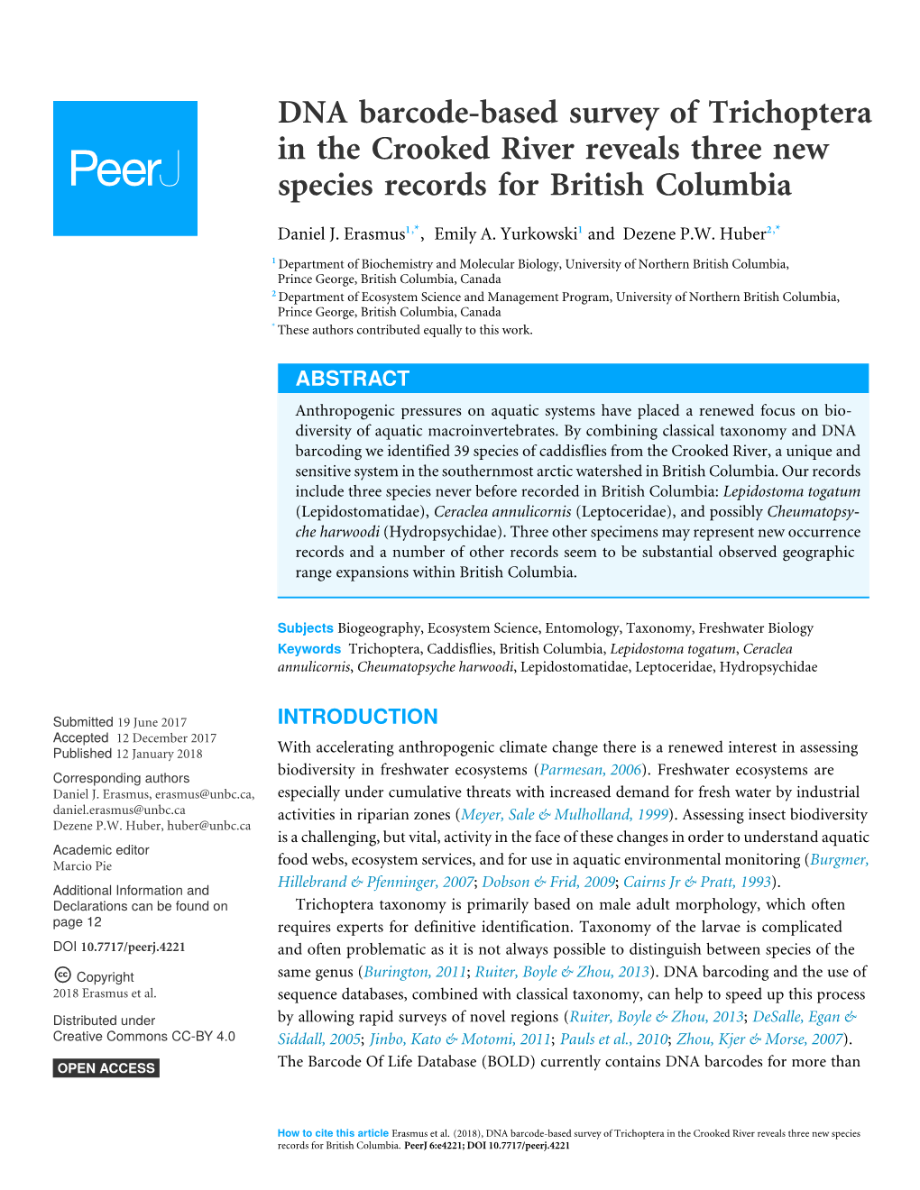 DNA Barcode-Based Survey of Trichoptera in the Crooked River Reveals Three New Species Records for British Columbia