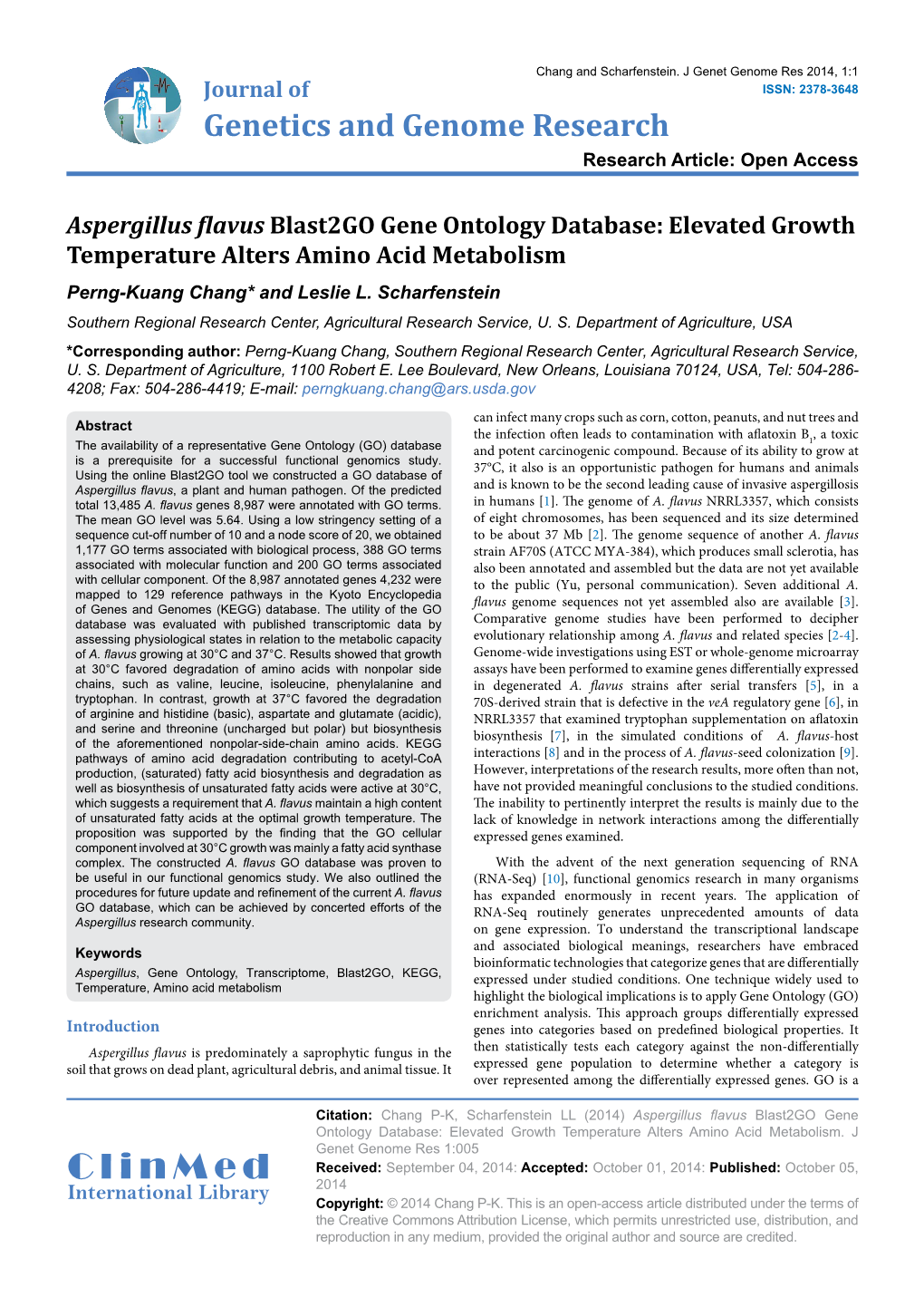 Aspergillus Flavus Blast2go Gene Ontology Database: Elevated Growth Temperature Alters Amino Acid Metabolism Perng-Kuang Chang* and Leslie L