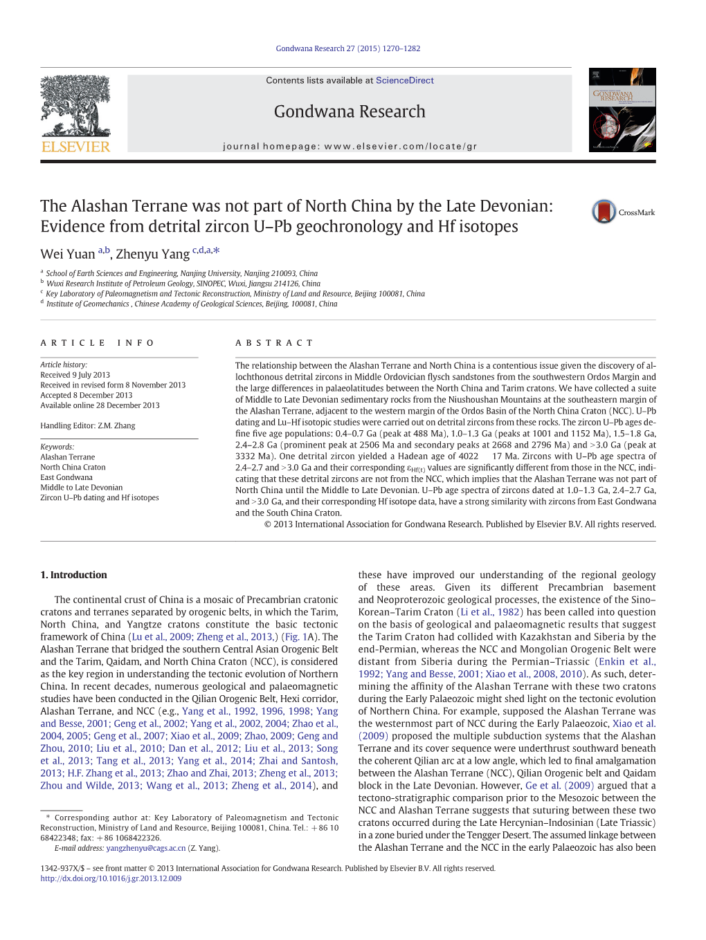 The Alashan Terrane Was Not Part of North China by the Late Devonian: Evidence from Detrital Zircon U–Pb Geochronology and Hf Isotopes