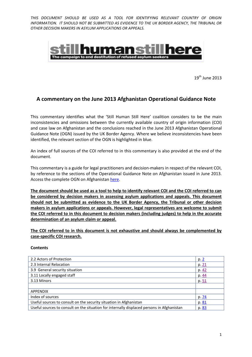 SHSH Commentary on the June 2013 Afghanistan