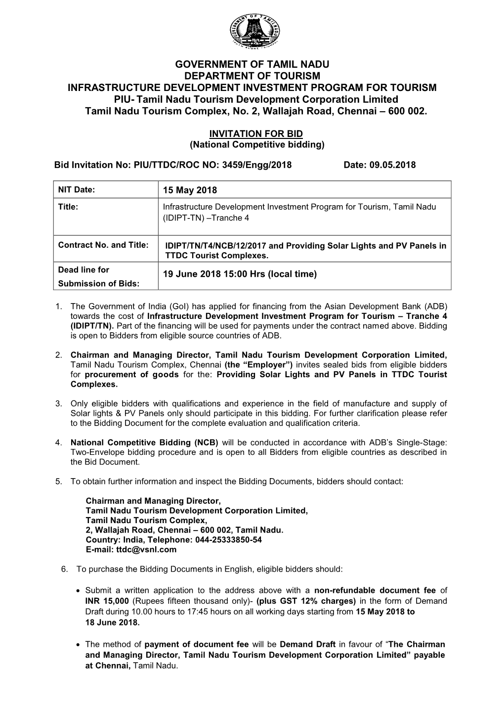 Tamil Nadu Tourism Development Corporation Limited BIDDING