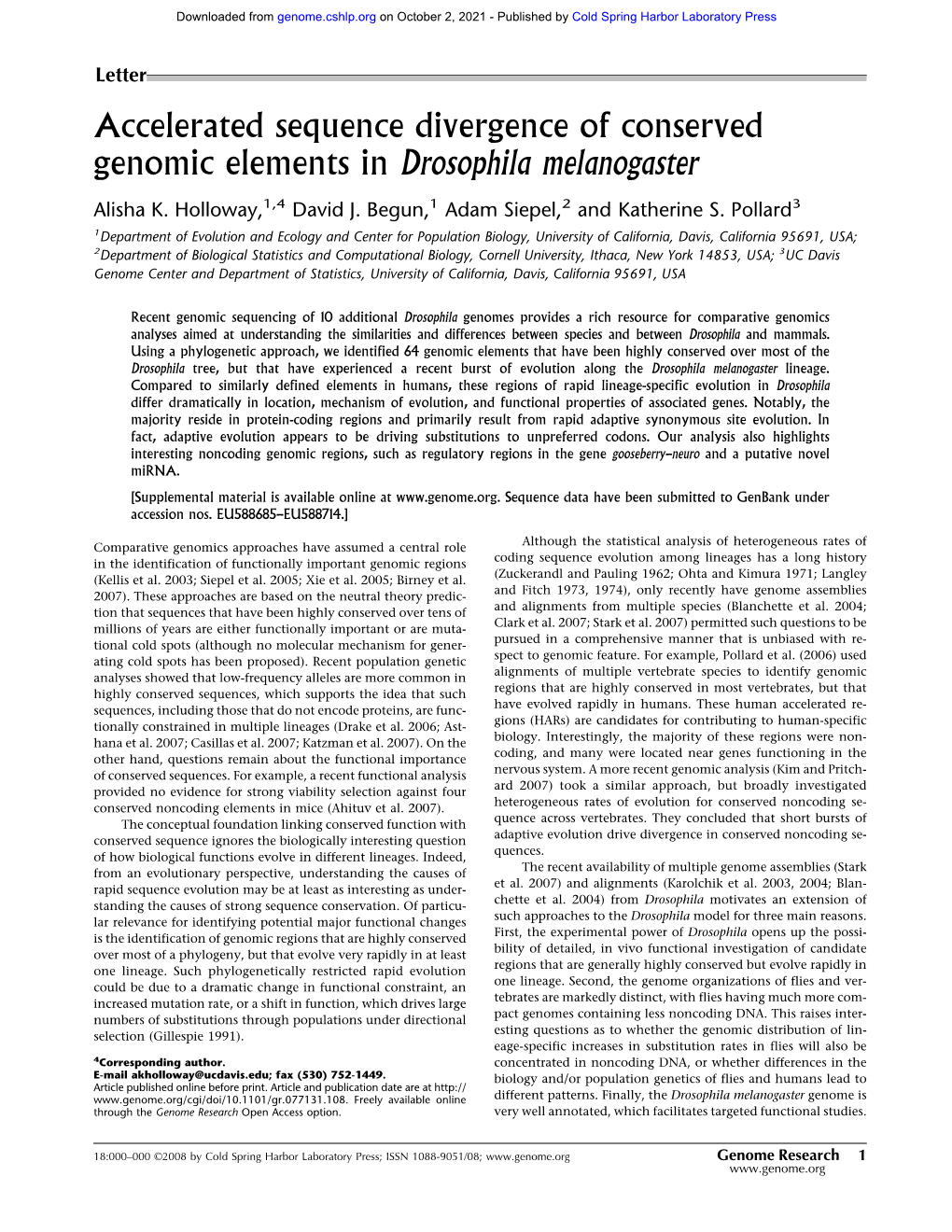 Accelerated Sequence Divergence of Conserved Genomic Elements in Drosophila Melanogaster