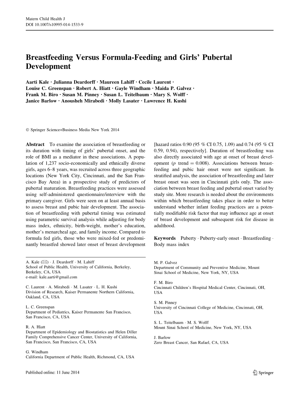 Breastfeeding Versus Formula-Feeding and Girls’ Pubertal Development
