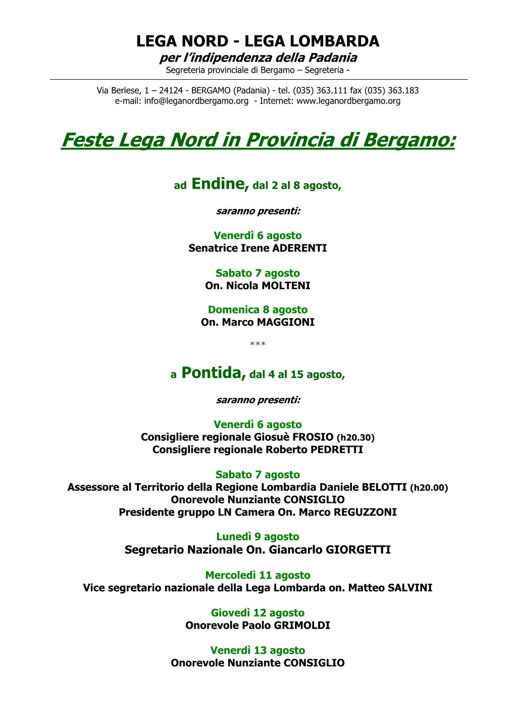 Feste Lega Nord in Provincia Di Bergamo