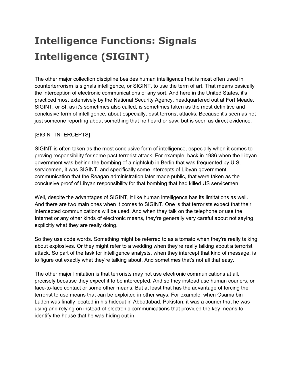 Intelligence Functions: Signals Intelligence (SIGINT)