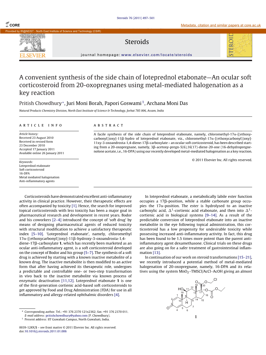 A Convenient Synthesis of the Side Chain of Loteprednol