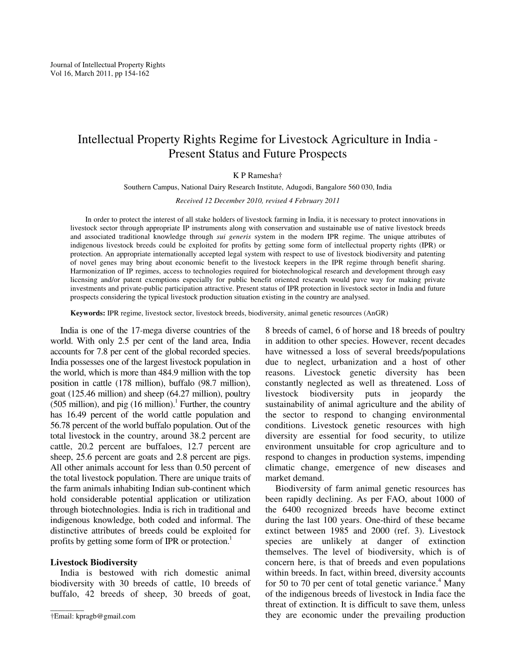 Intellectual Property Rights Regime for Livestock Agriculture in India - Present Status and Future Prospects