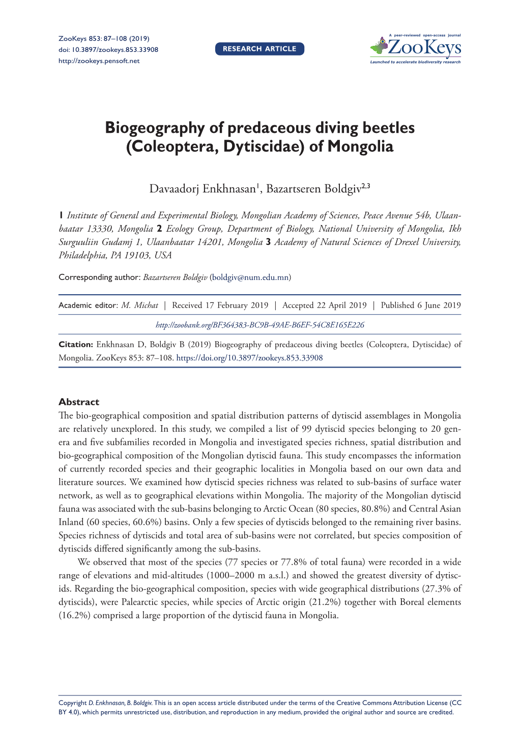 Coleoptera, Dytiscidae) of Mongolia