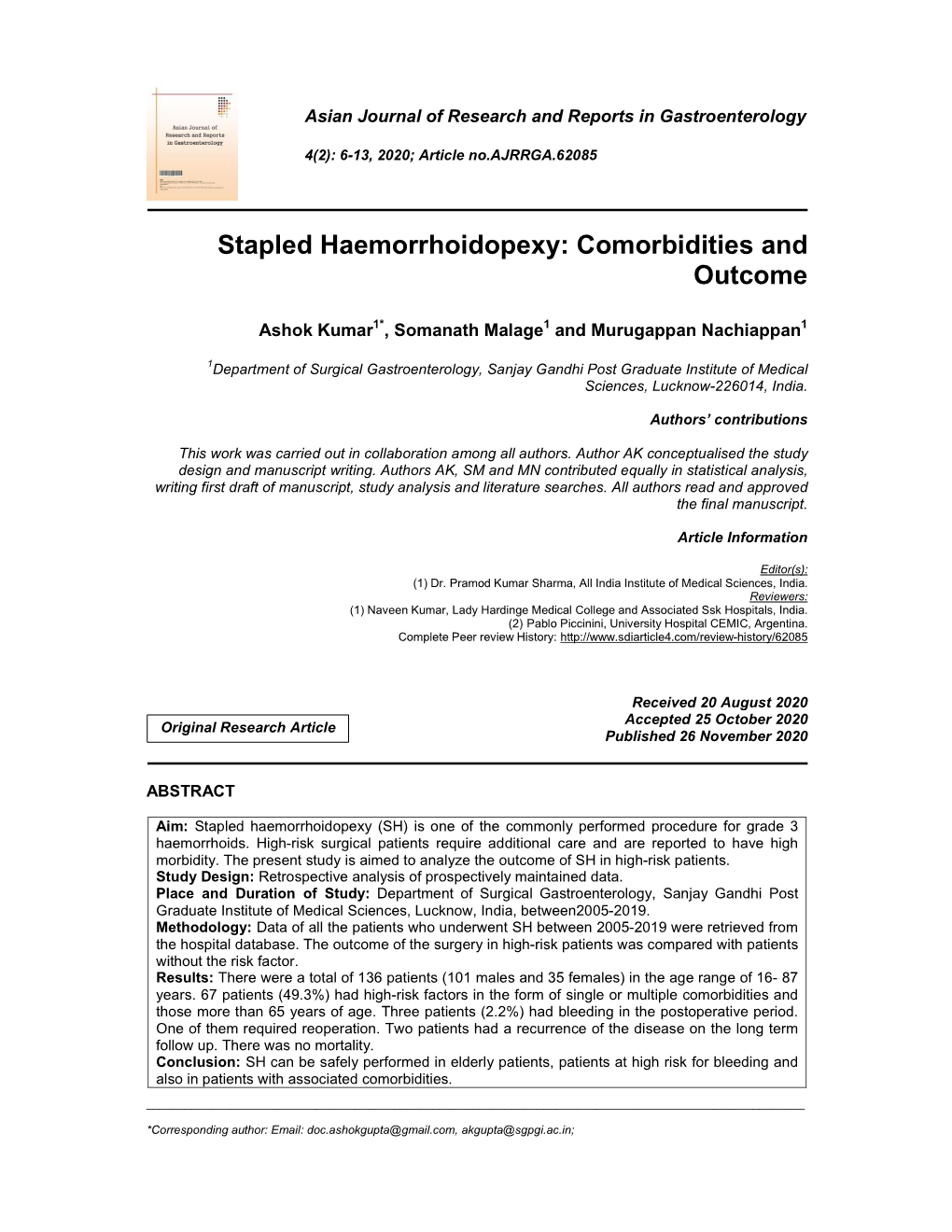 Stapled Haemorrhoidopexy: Comorbidities and Outcome