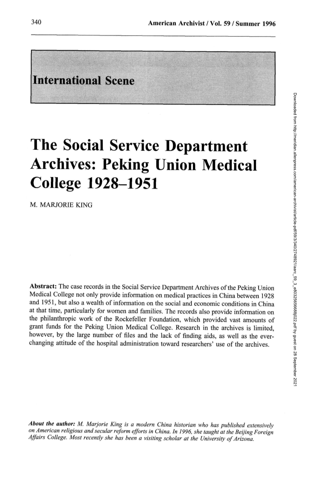 The Social Service Department Archives: Peking Union Medical College 1928-1951