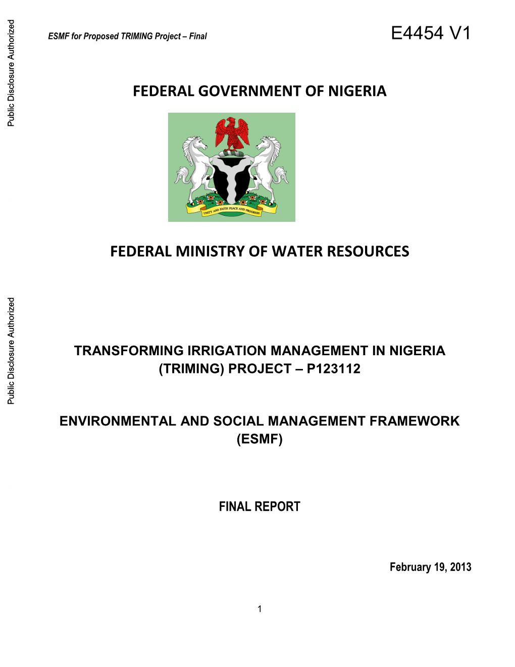 Federal Government of Nigeria Federal Ministry Of