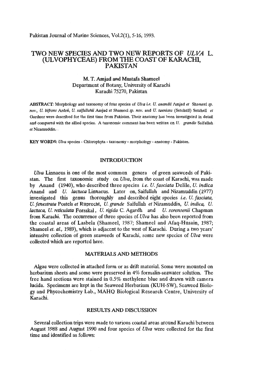 Two New Species and Two New Reports of Ulva L. (Ulvophyceae)