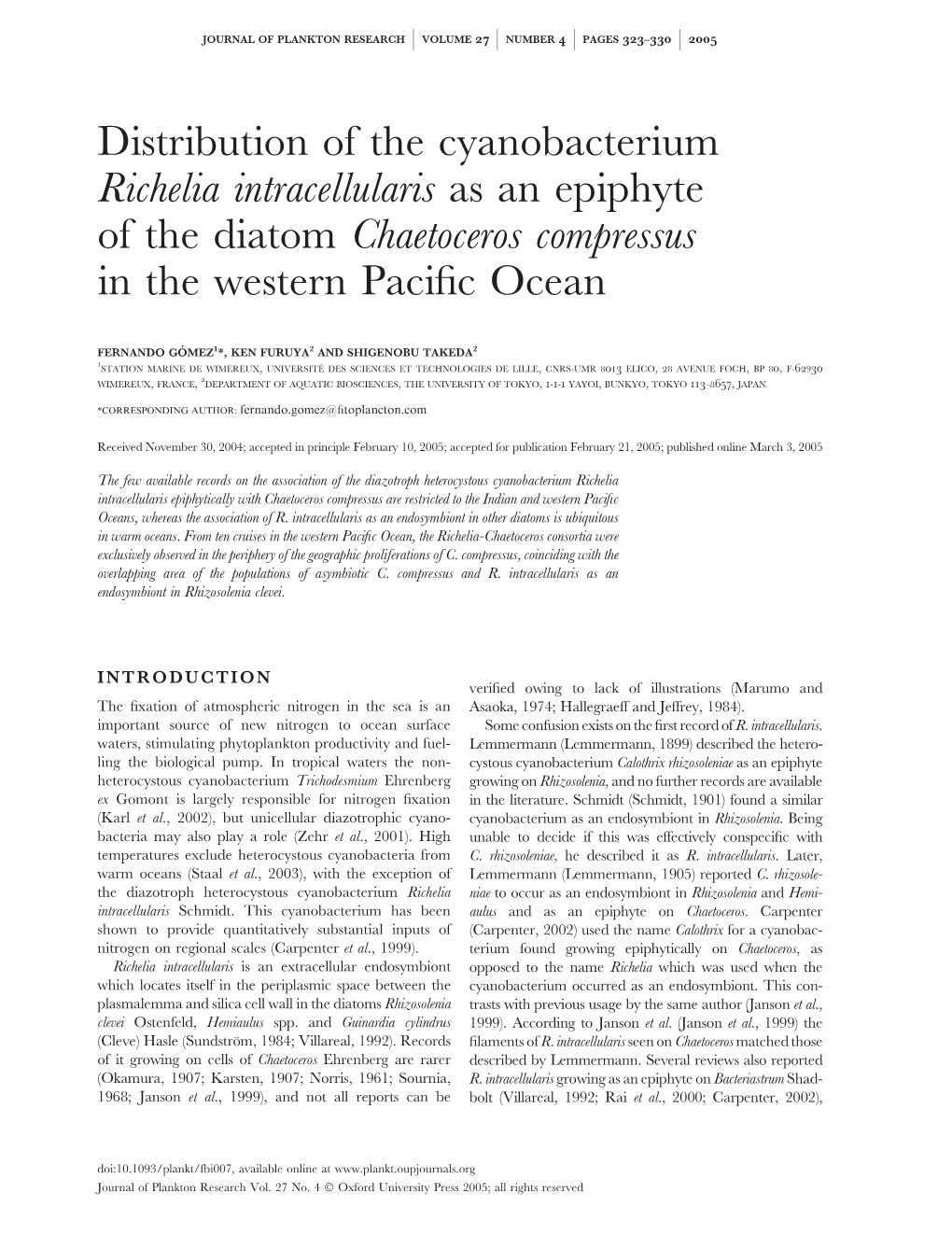 Distribution of the Cyanobacterium Richelia Intracellularis As an Epiphyte of the Diatom Chaetoceros Compressus in the Western Paciﬁc Ocean