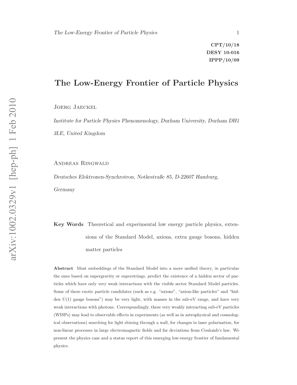 The Low-Energy Frontier of Particle Physics