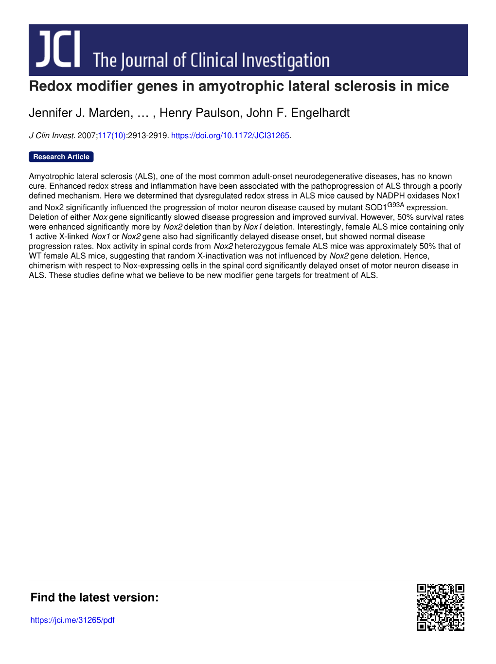 Redox Modifier Genes in Amyotrophic Lateral Sclerosis in Mice