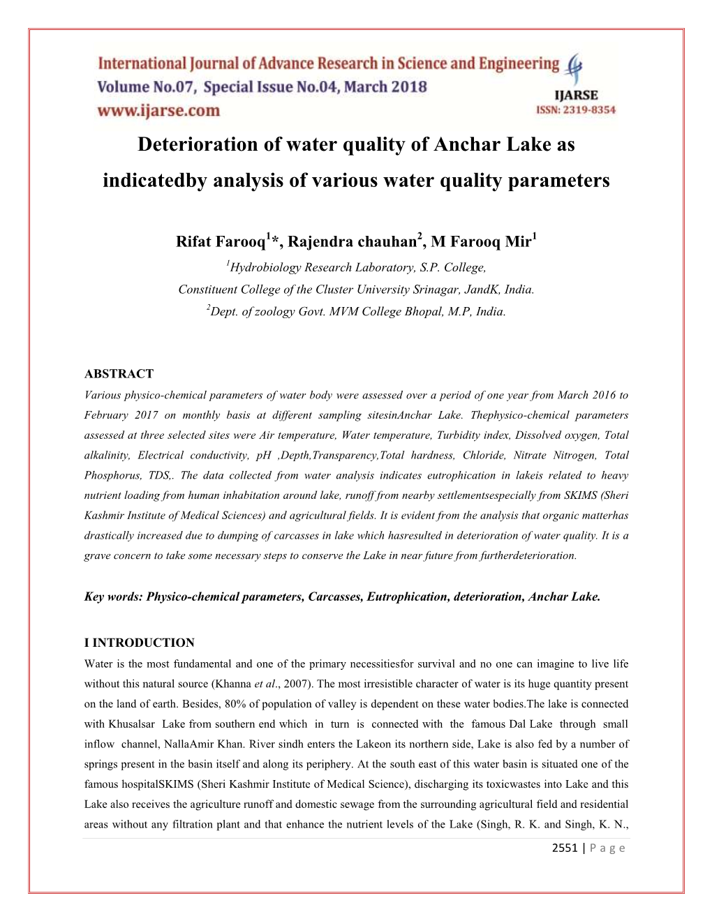 Deterioration of Water Quality of Anchar Lake As Indicatedby Analysis of Various Water Quality Parameters
