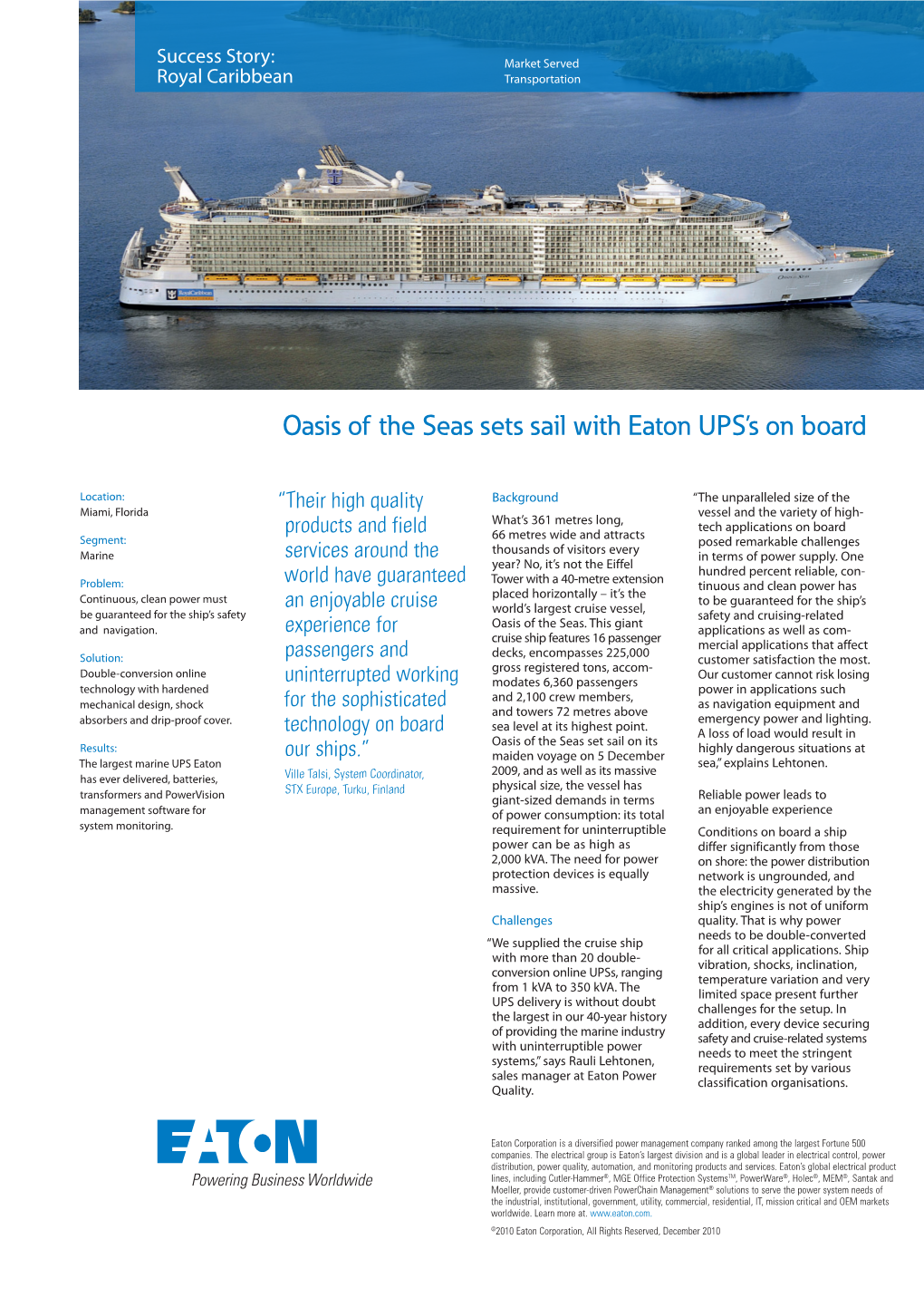 Oasis of the Seas Sets Sail with Eaton UPS's on Board