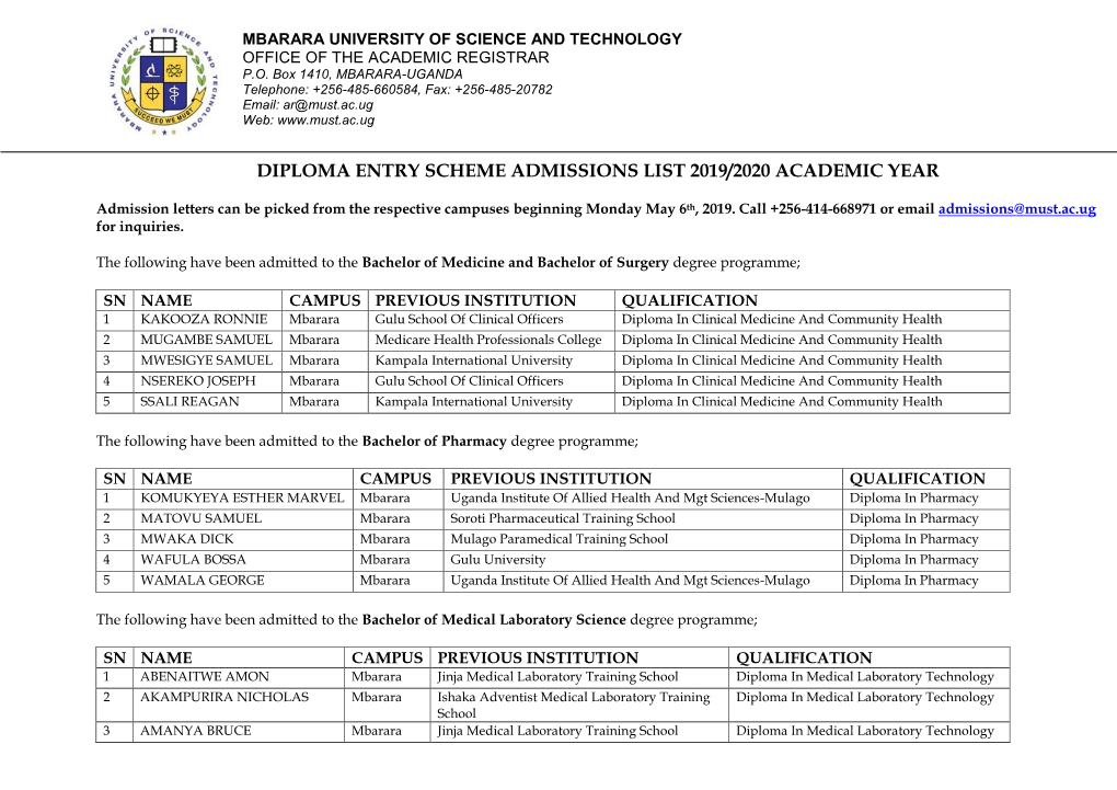 Diploma Entry Scheme Admissions List 2019/2020 Academic Year