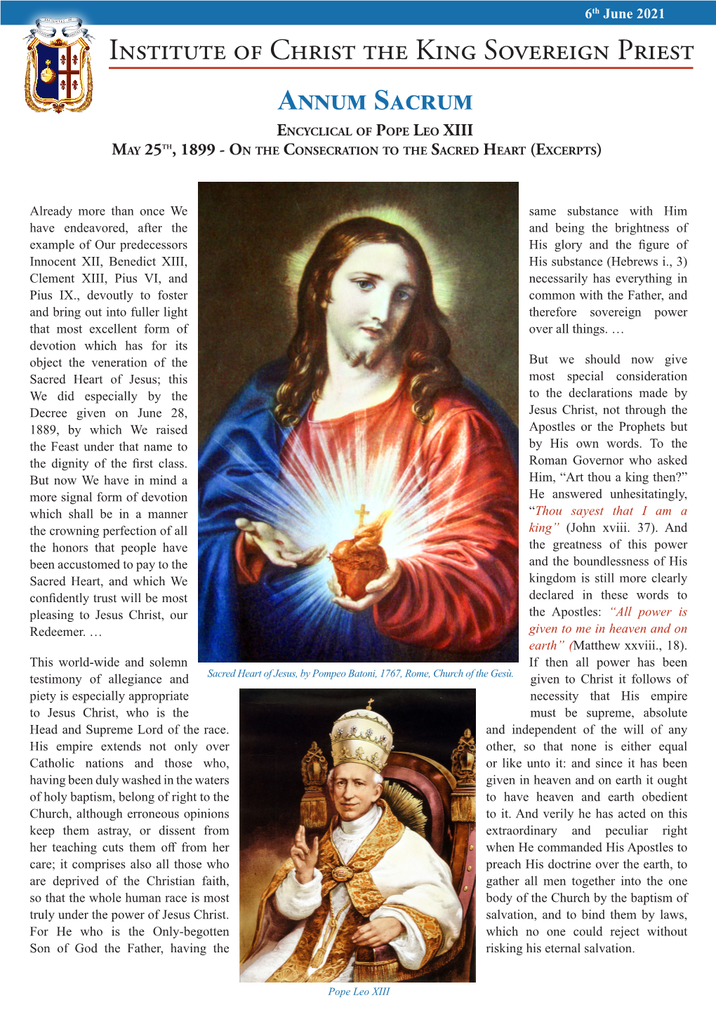 Institute of Christ the King Sovereign Priest Annum Sacrum Encyclical of Pope Leo XIII May 25Th, 1899 - on the Consecration to the Sacred Heart (Excerpts)