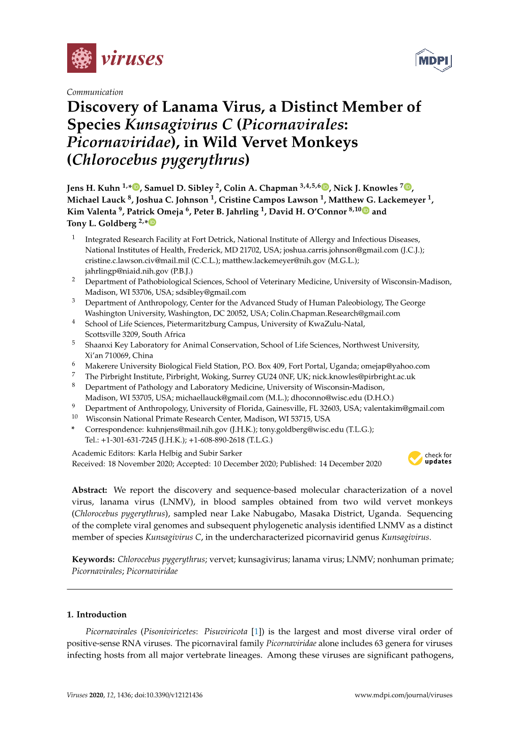 Picornavirales: Picornaviridae), in Wild Vervet Monkeys (Chlorocebus Pygerythrus