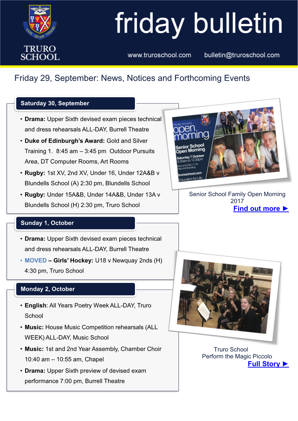 Friday 29, September: News, Notices and Forthcoming Events