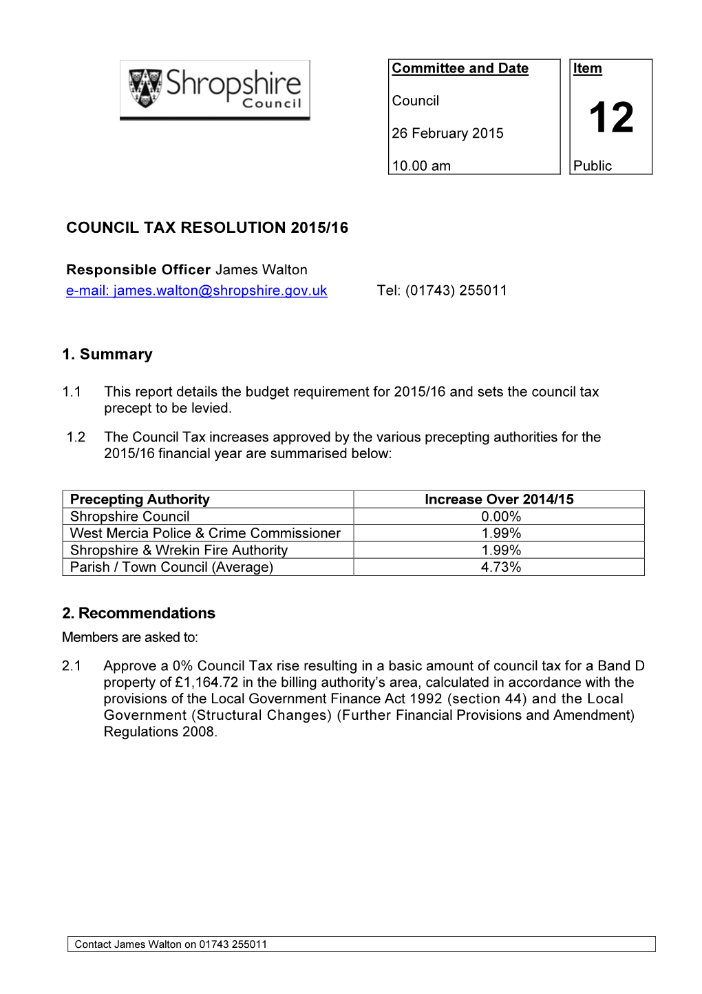 Council Tax Resolution 2015/16 1