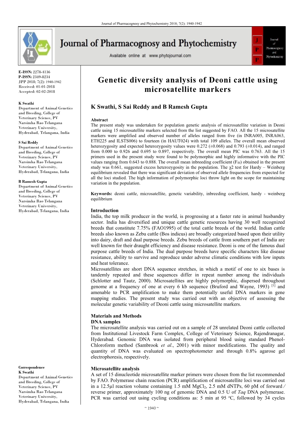 Genetic Diversity Analysis of Deoni Cattle Using Microsatellite Markers