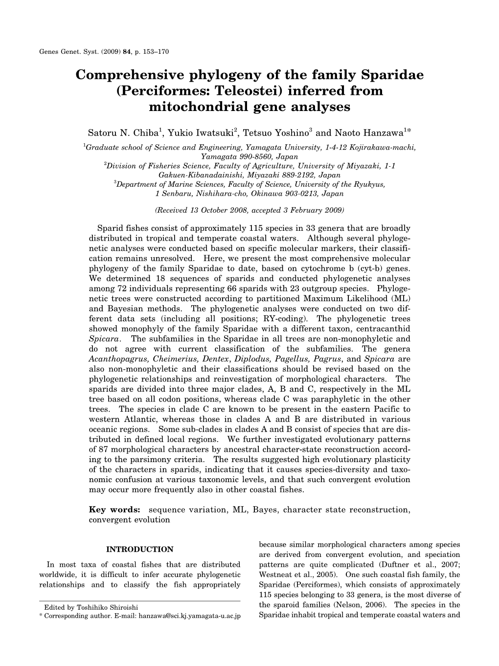 Comprehensive Phylogeny of the Family Sparidae (Perciformes: Teleostei) Inferred from Mitochondrial Gene Analyses