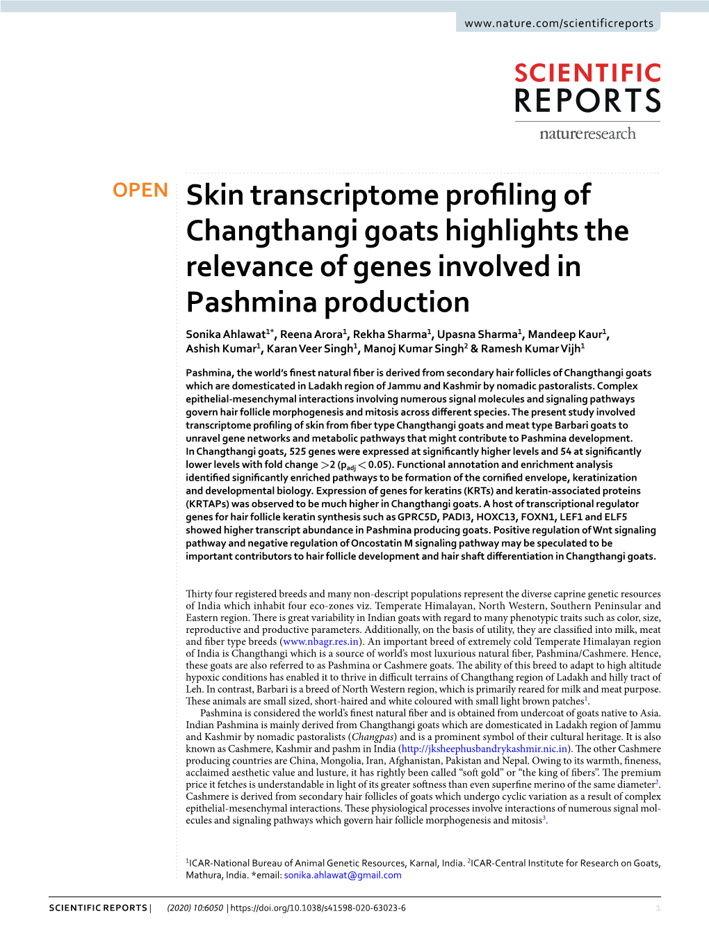 Skin Transcriptome Profiling of Changthangi Goats Highlights The