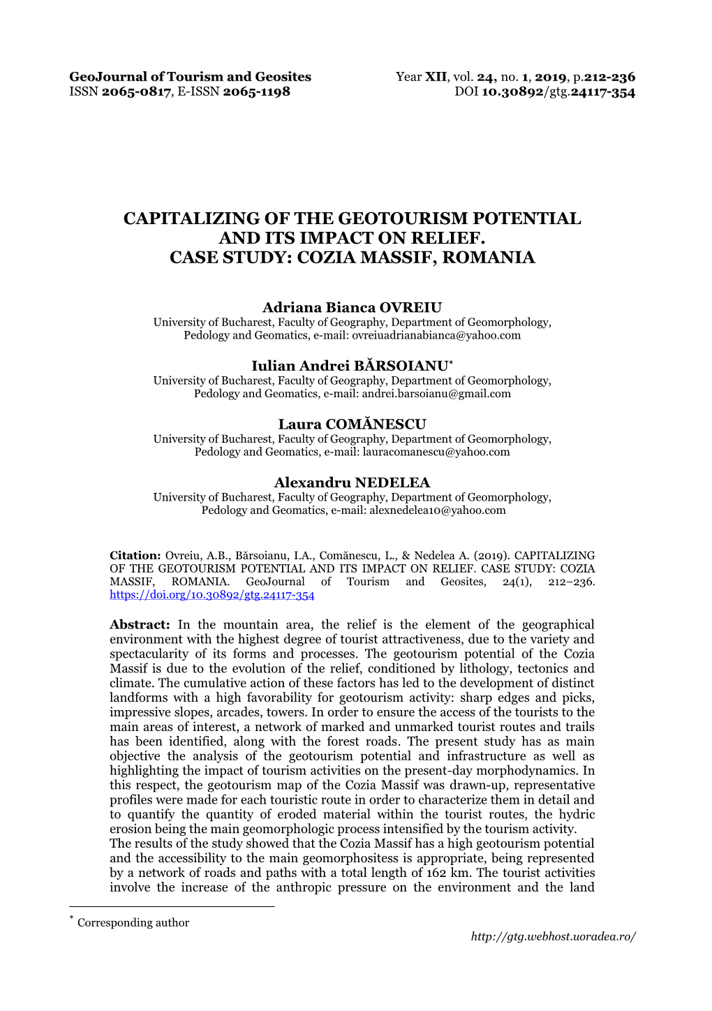 Capitalizing of the Geotourism Potential and Its Impact on Relief. Case Study: Cozia Massif, Romania