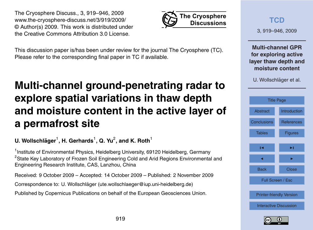 Multi-Channel GPR for Exploring Active Layer Thaw Depth and Moisture Content