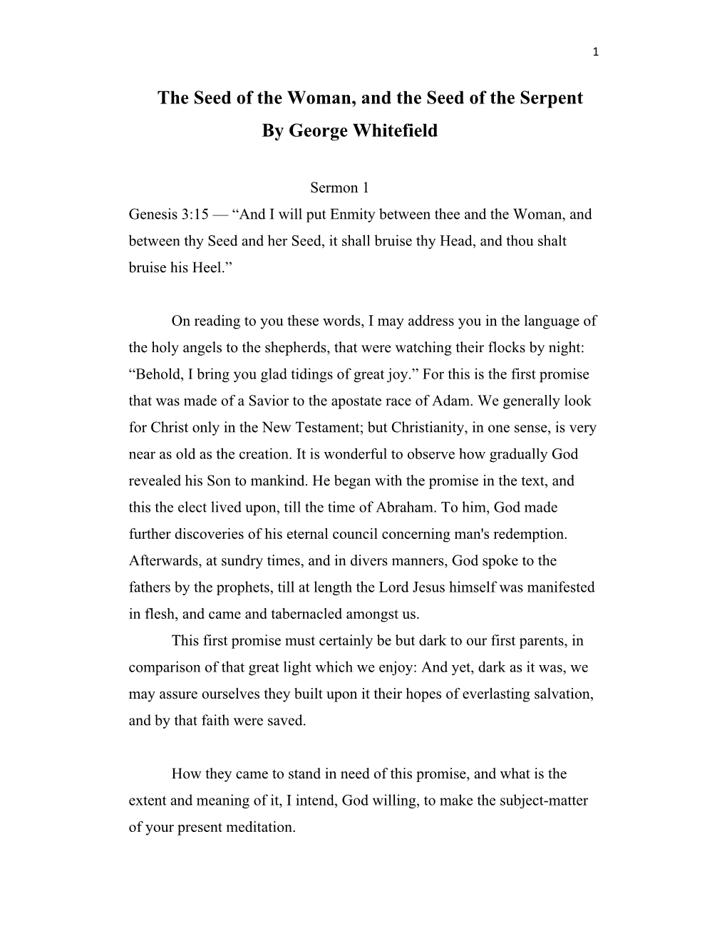 George Whitefield, the Seed of the Woman, Genesis 3:15, Sermon 1