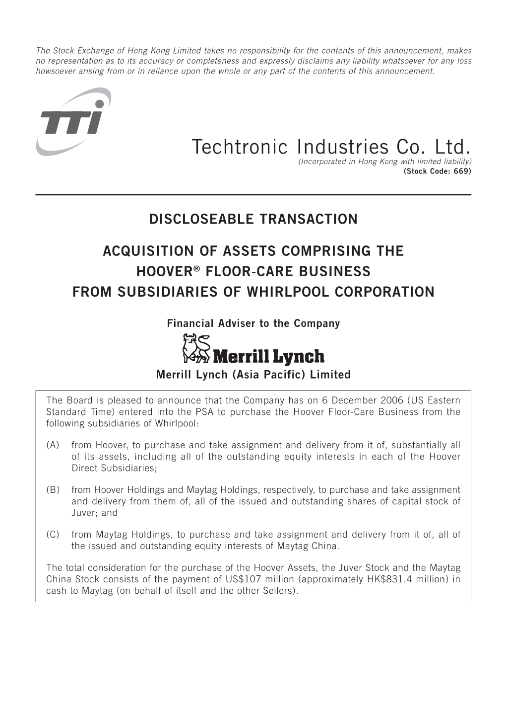 Techtronic Industries Co. Ltd. (Incorporated in Hong Kong with Limited Liability) (Stock Code: 669)