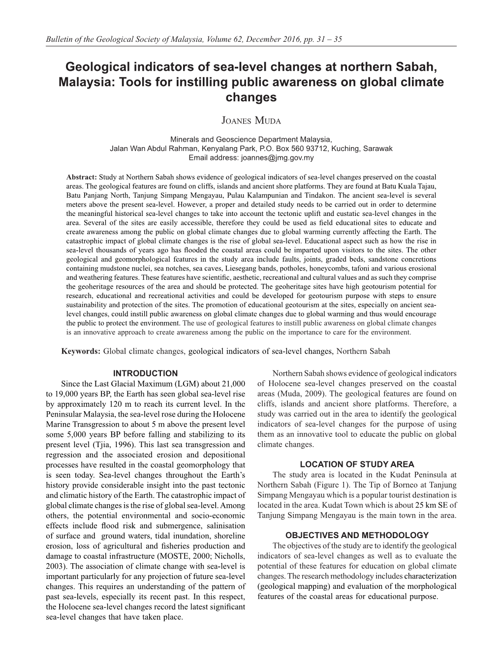 Geological Indicators of Sea-Level Changes at Northern Sabah, Malaysia: Tools for Instilling Public Awareness on Global Climate Changes