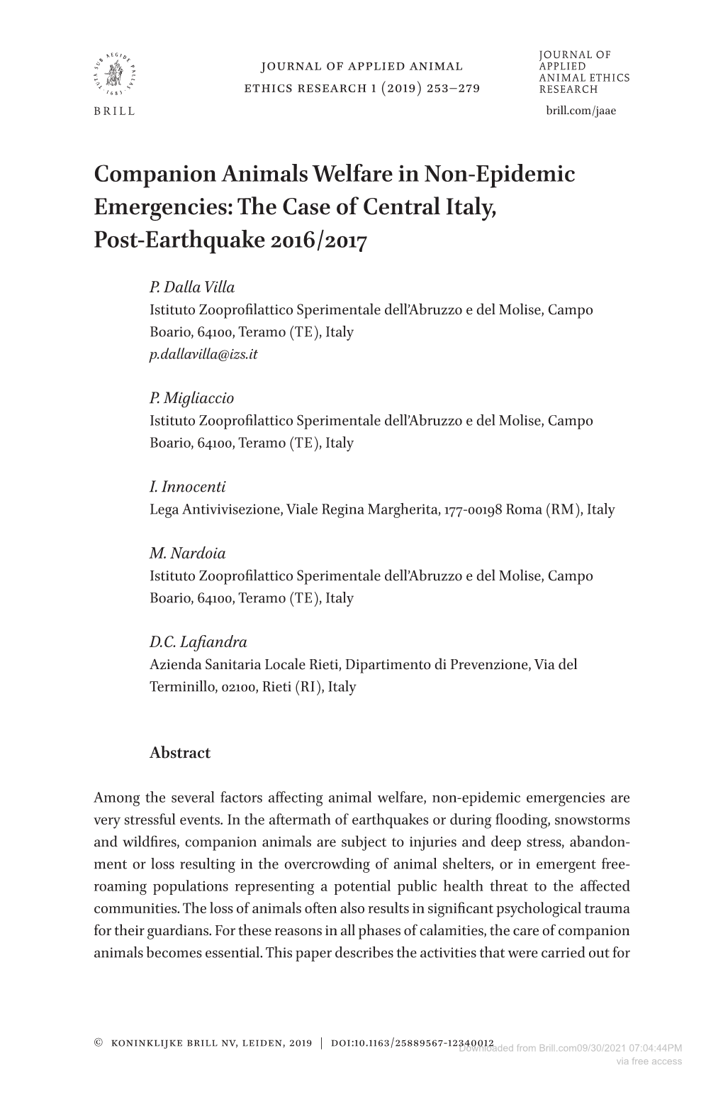 Companion Animals Welfare in Non-Epidemic Emergencies: the Case of Central Italy, Post-Earthquake 2016/2017