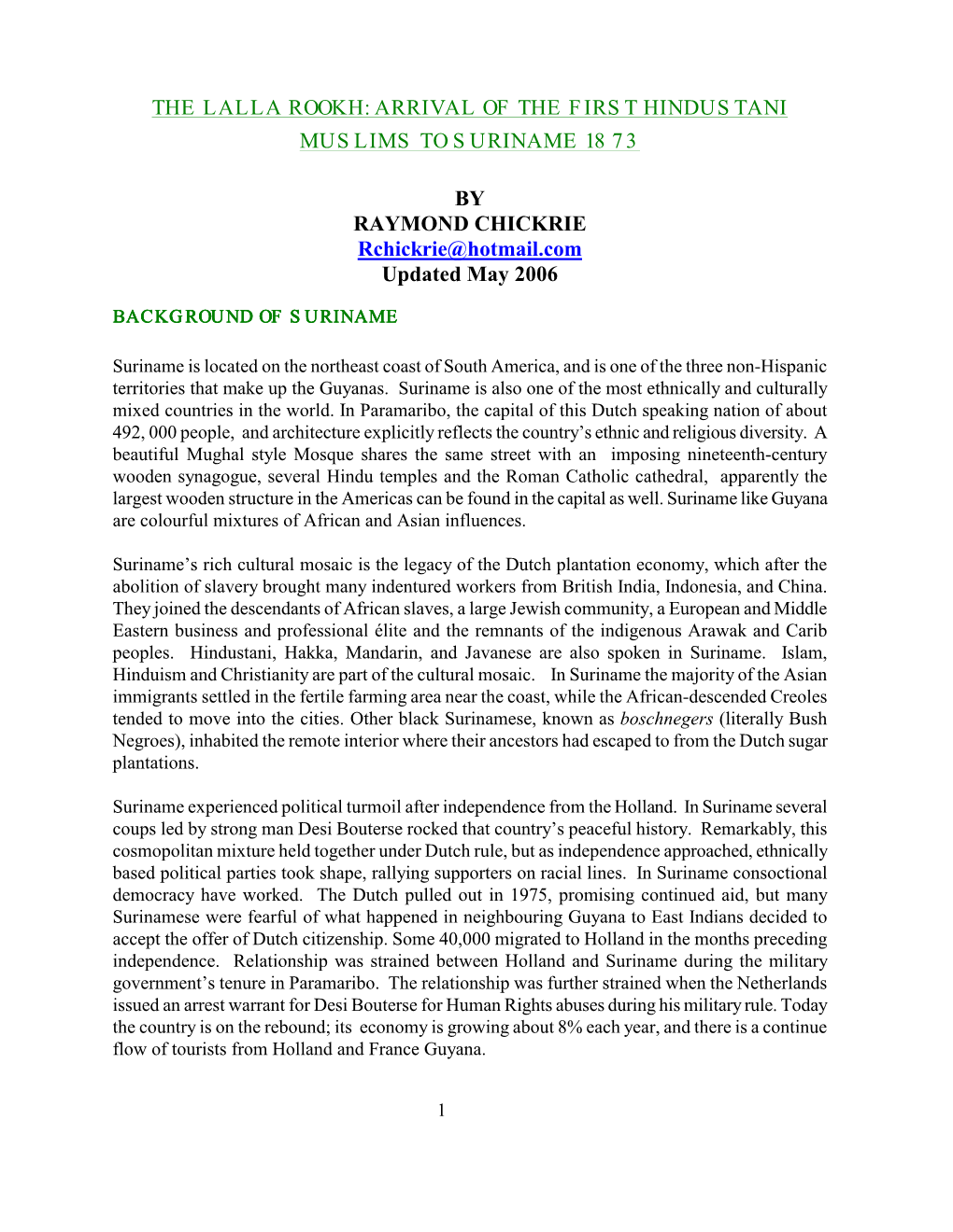 The Lalla Rookh: Arrival of the First Hindustani Muslims to Suriname 1873